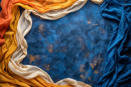 A close-up view of a textured Indian flag with the Ashoka Chakra detail in the center.の素材