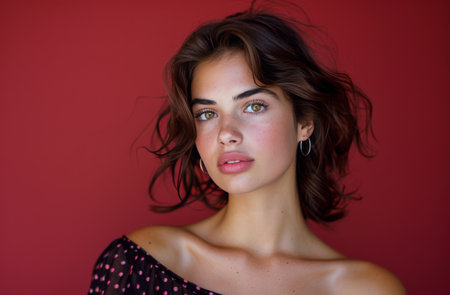 A young woman with brown hair and green eyes is looking directly at the camera. Her hair is pulled back in a loose bun. She is wearing a black polka dot top and silver hoop earrings.の素材