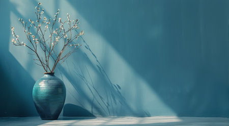A dried grass bouquet in a clay vase sits on a table with a window light shining through, creating shadows on the blue wall behind it.の素材