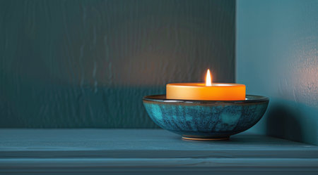 A single candle burns brightly in a blue bowl, positioned on a textured blue surface.の素材