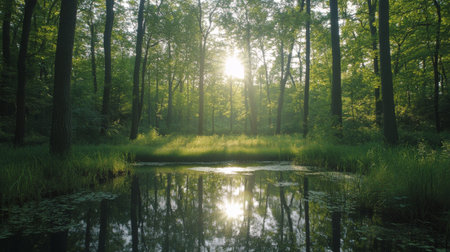 Golden sunlight spills over a serene pond, surrounded by lush green grass and trees, as morning breaks. The reflection of the vibrant sky dances on the water surface, creating a peaceful atmosphere.の素材