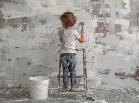 A young child paints a wall with a paintbrush while standing on a ladder. A white paint bucket sits in front of them.の素材