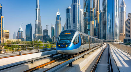 A modern train travels on an elevated track through the Dubai skyline, passing by towering skyscrapers and lush green spaces.の素材
