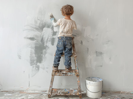 A young child paints a wall with a paintbrush while standing on a ladder. A white paint bucket sits in front of them.の素材