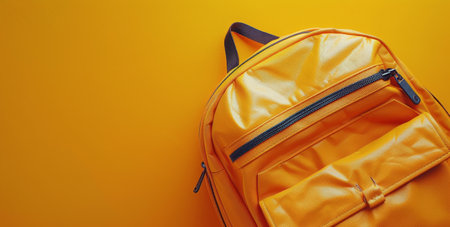 A yellow backpack sits on a yellow surface.の素材