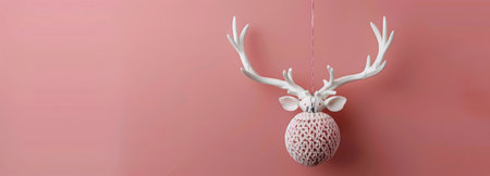 A white reindeer ornament with pink details hangs on a pink wall, with a single pink ornament dangling from its antlers.の素材