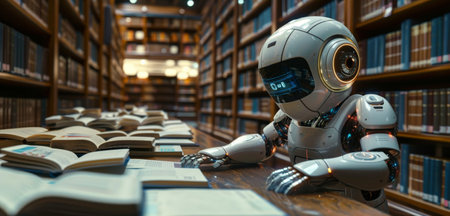 An advanced humanoid robot sits at a table in a library, writing in a notebook while surrounded by bookshelves.の素材