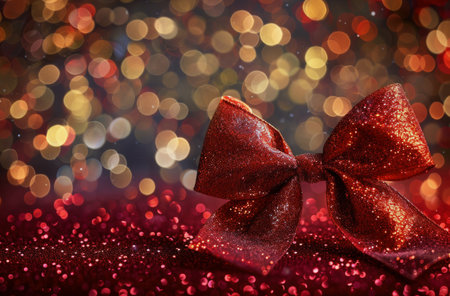 A close-up image of a red bow with gold glitter ribbon on a sparkly background.の素材