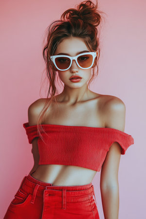 A young woman stands confidently wearing a stylish red off-the-shoulder top and matching high-waisted pants. She accessorizes with trendy sunglasses, exuding a vibrant, bold fashion statement.の素材