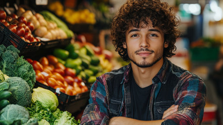 A young man with curly hair stands in a grocery store aisle, looking at colorful vegetables and fruits on the shelves, surrounded by an array of fresh produce in a vibrant market setting.の素材
