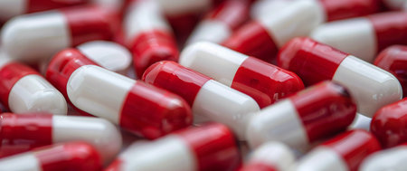 A group of red and white capsules are scattered on a white surface, in focus.の素材