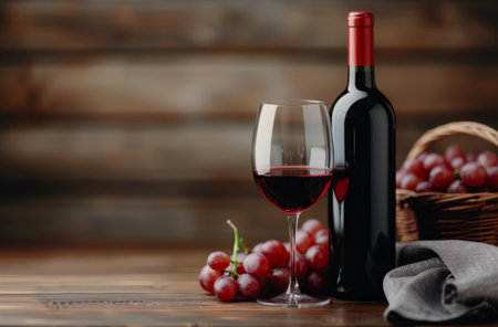 A glass of red wine sits next to a bottle of red wine and a bunch of red grapes on a wooden table. A wicker basket is behind the glass.の素材