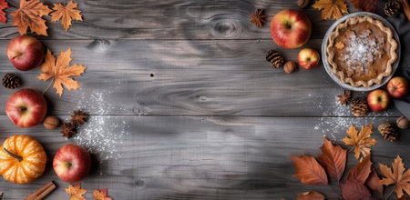 A pie, apples, and autumnal accents are arranged on a rustic wood background, creating a warm and inviting fall scene.の素材