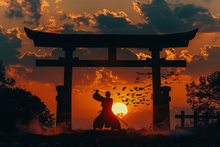 A silhouette of a samurai warrior holding a sword stands before a torii gate as the sun sets over a landscape. Birds fly in the sky above.の素材