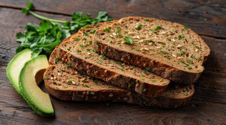 A close-up overhead shot of dark bread slices with avocado and seeds on a rustic wooden cutting board.の素材