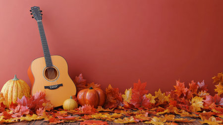 An acoustic guitar rests against a backdrop of bright orange and red autumn leaves, creating a tranquil atmosphere perfect for creativity and reflection.の素材