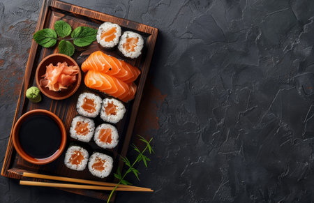 A close-up overhead shot of salmon nigiri sushi served on a black plate with soy sauce and chopsticks.の素材