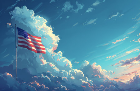 A close-up shot of an American flag waving proudly in the wind against a bright blue sky with white clouds.の素材