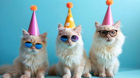 Three white cats wearing party hats and sunglasses sit on a blue background.の素材
