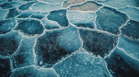 The surface of a lake frozen displays intricately cracked blue ice, revealing clear water underneath in a winter landscape.の素材