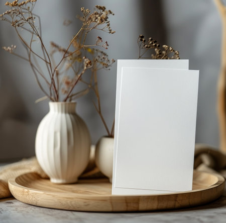 Two blank white cards stand on a wooden tray, surrounded by dried flowers in a vase, perfect for adding your own text or design.の素材