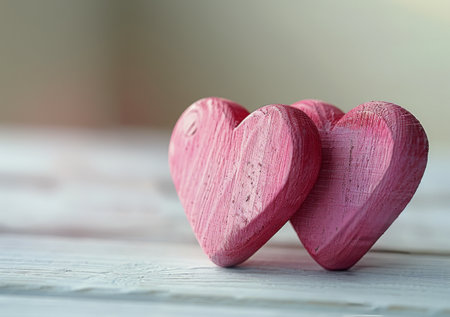 Two pink wooden hearts, with a distressed finish, are placed side by side on a white weathered table.の素材