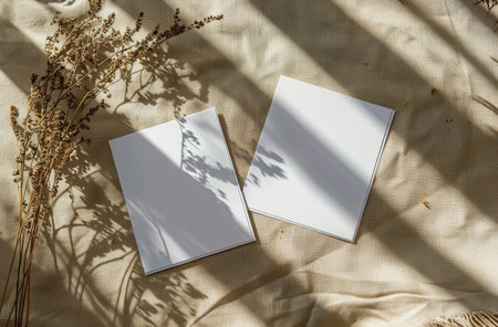 Two blank white cards stand on a wooden tray, surrounded by dried flowers in a vase, perfect for adding your own text or design.の素材