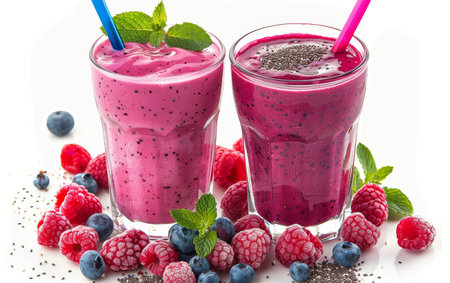 Two glasses of pink smoothies topped with raspberries, blueberries, mint, and chia seeds.の素材