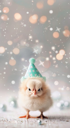 A baby chick wearing a blue and white party hat stands on a white surface. Lights sparkle in the background.の素材