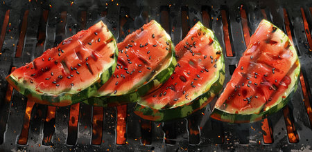 Close-up of four watermelon slices grilling on a hot grill.の素材