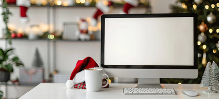 A decorated Christmas tree and Santa hat are visible on a desk with a computer and a cup of coffee.の素材