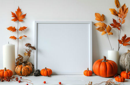 A white frame sits on a white table with autumn decorations including pumpkins, candles, dried flowers, and leaves.の素材