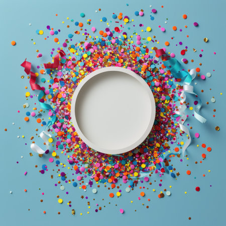 A blue background with colorful confetti, ribbons, and a large, blank circle in the center.の素材