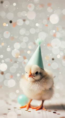 A baby chick wearing a blue and white party hat stands on a white surface. Lights sparkle in the background.の素材