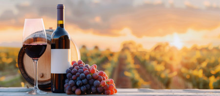 A bottle of red wine, a glass of wine, and a bunch of grapes are arranged on a wooden table in front of a vineyard with a sunset in the background.の素材