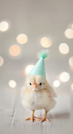 A baby chick wearing a blue and white party hat stands on a white surface. Lights sparkle in the background.の素材