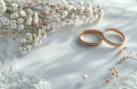A flat lay image of white lace fabric and pink flowers with three gold wedding bands on a white background.の素材