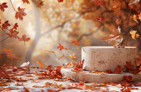 A close-up image of a white, circular concrete platform surrounded by scattered red and orange autumn leaves. The background is a blurred, warm orange and brown color.の素材