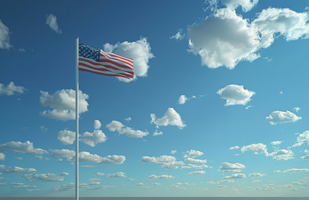 A close-up shot of an American flag waving proudly in the wind against a bright blue sky with white clouds.の素材