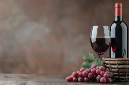 A glass of red wine sits next to a bottle of red wine and a bunch of red grapes on a wooden table. A wicker basket is behind the glass.の素材