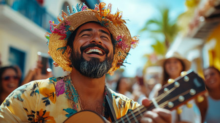A group of friends celebrates together at a beach party, laughing and singing along while holding drinks. One person strums a guitar, creating a joyful atmosphere under the bright sun and swaying palm trees.の素材