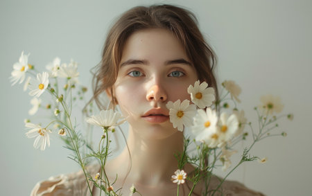 A young woman with dark hair looks at the camera with her face partially hidden by a bouquet of white flowers.の素材
