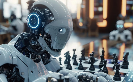 A black, metallic robot with glowing blue accents is focused on a chessboard, playing against an unseen opponent in a futuristic city setting.の素材