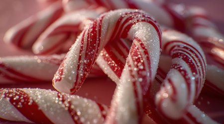 A close-up photograph showing a cluster of candy canes, their vibrant red and white stripes creating a visually appealing pattern.の素材