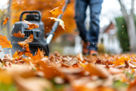 A close-up view of fallen leaves being blown around by a leaf blower. The leaves are orange and brown, and the blower is partially visible in the background.の素材