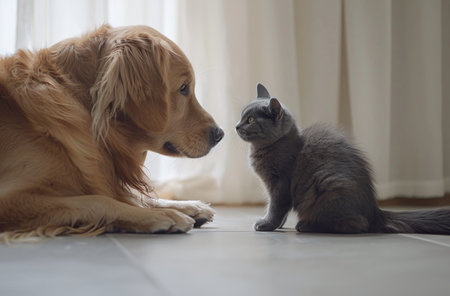 A golden retriever dog and a gray cat are looking at each other on a hardwood floor. The dog is lying down with its head up, while the cat is sitting with its head turned towards the dog.の素材