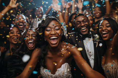 A woman with curly hair laughs with her mouth open while confetti falls around her at a party. The background is blurred and other features party-goers.の素材