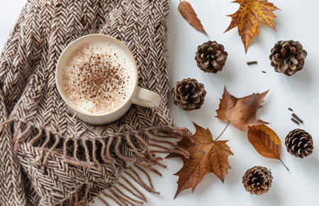 A cup of coffee with latte art sits on a cozy blanket, surrounded by autumn leaves and pine cones.の素材