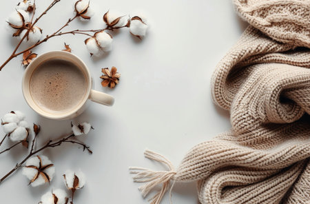 A warm cup of coffee sits on a white surface with a cozy knitted sweater and a cotton branch with fluffy blossoms.の素材