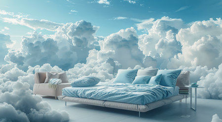 A bed sits on top of fluffy white clouds, with a blue sky and bright sun above.の素材